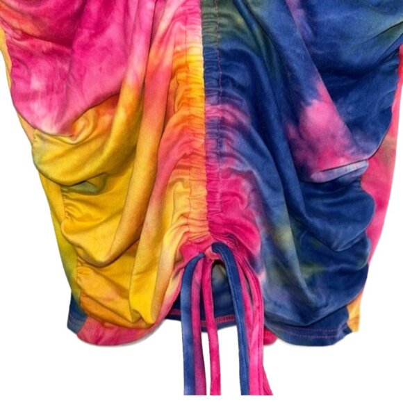NWT Tie Dye Ruched Off Shoulder Bell Sleeve Bodycon Mini Dress S Festival - Picture 6 of 10